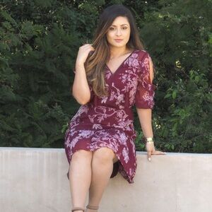 LC Lauren Conrad burgundy floral chiffon Dress M country boho cottagecore